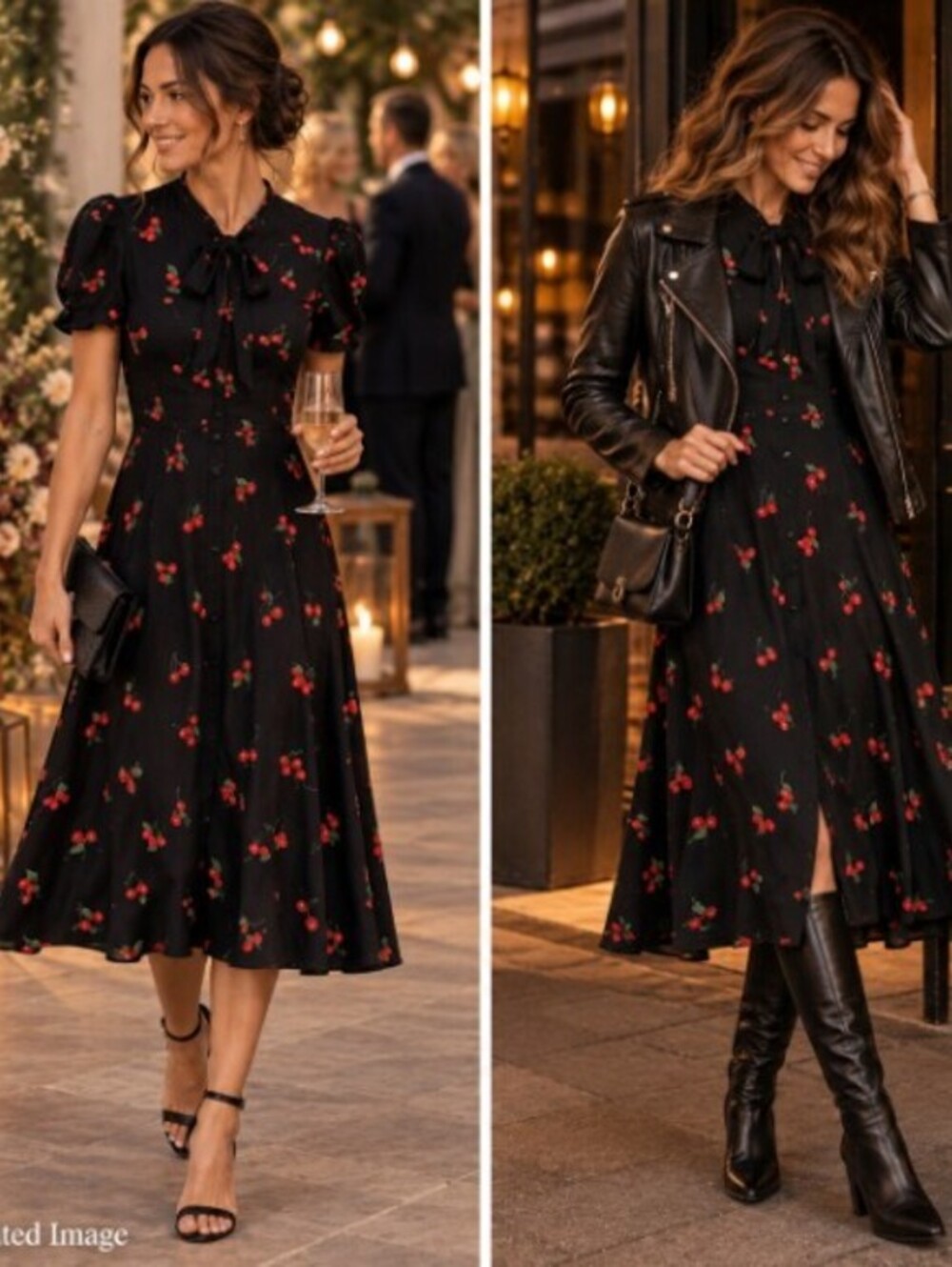 Polo Ralph Lauren Cherry Print Crepe Dress Womens 8 Black Tie Neck Midi
